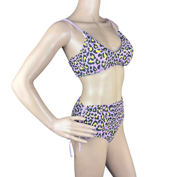 New Shekini Purple Black Leopard Print High Waist Scoop Neck 2 Pc Set Swimsuit M - Picture 5 of 11